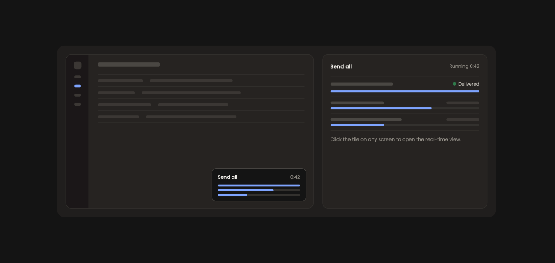 CardPulse with a Send all activity tile in the bottom right corner and the detail view showing one progress bar per system.