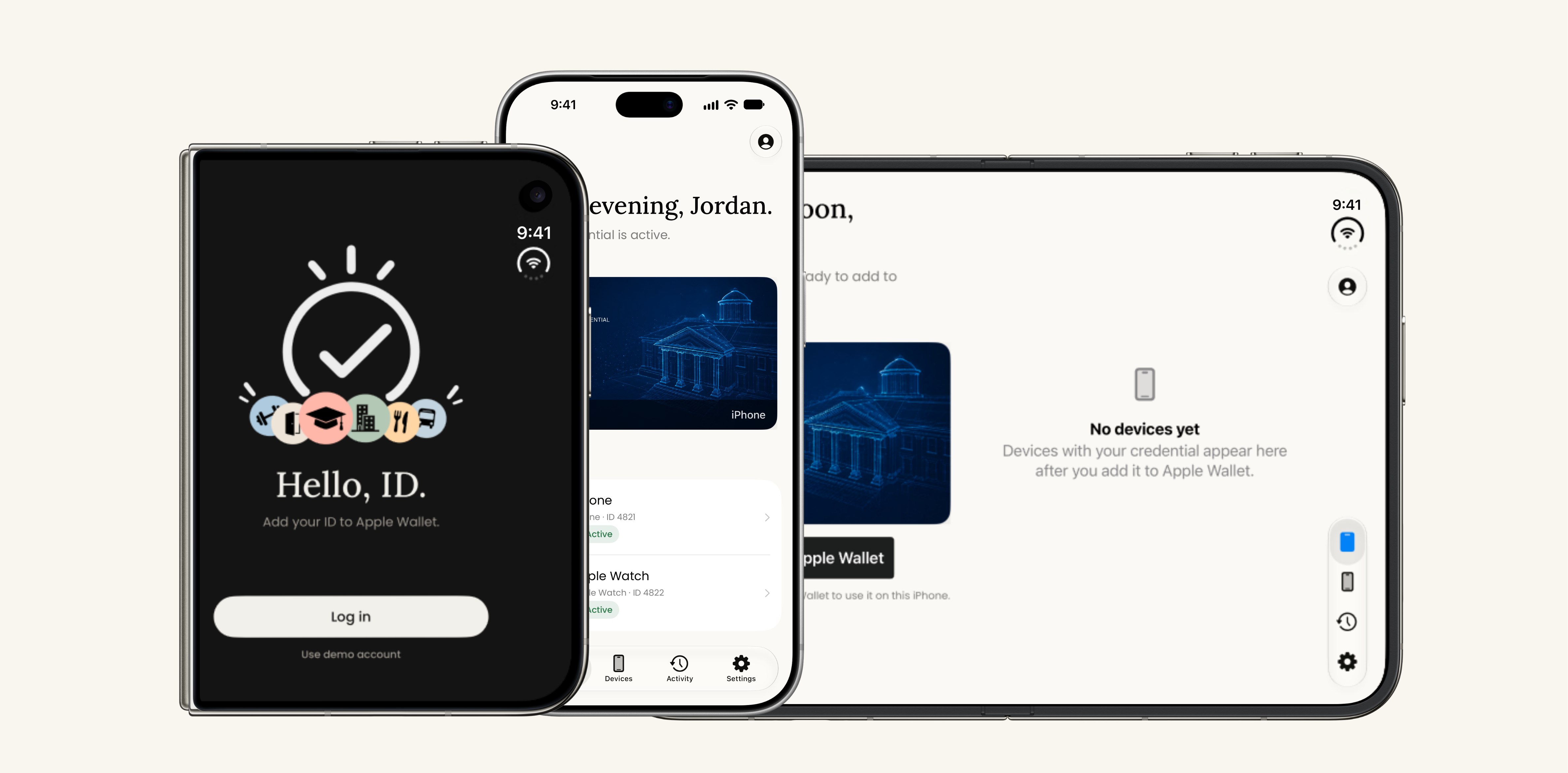 The FutureState Mobile Access App on iPhone Duo and iPhone, showing the new sign-in screen and the devices list, using a test account.