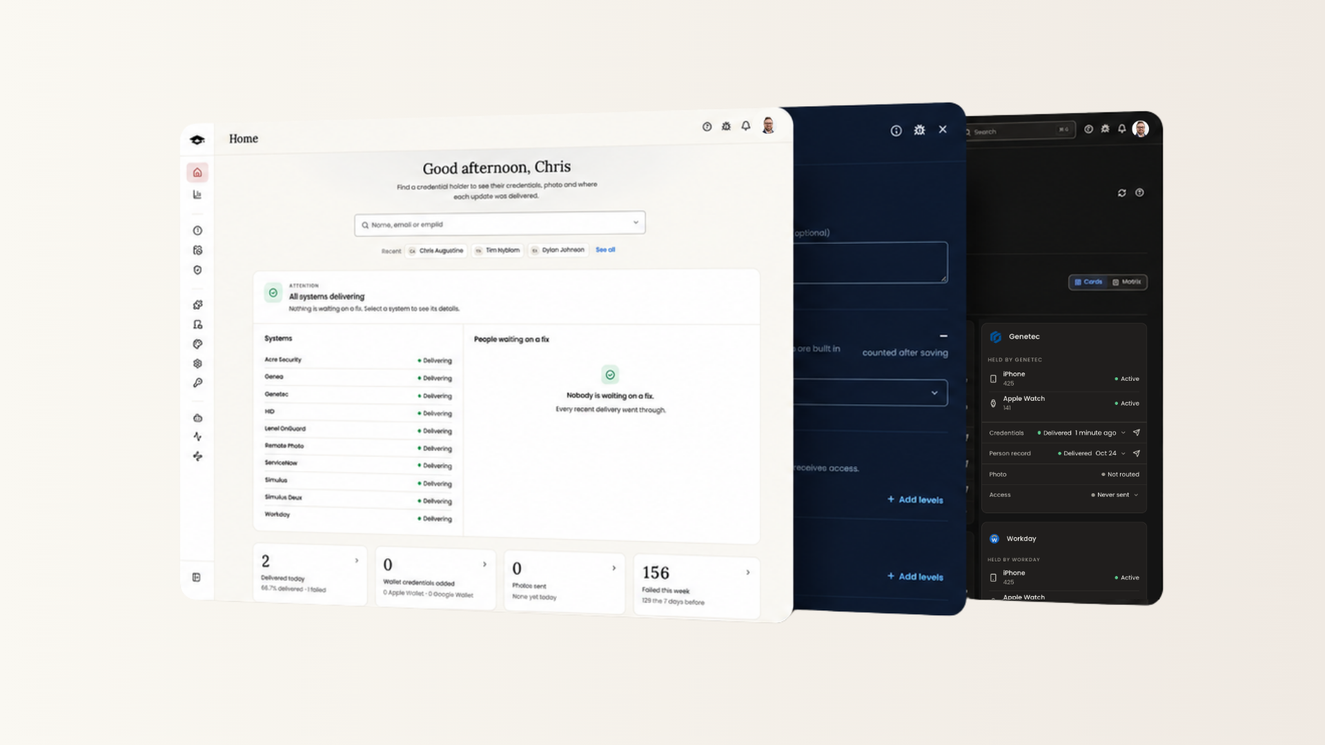 The new CardPulse home page shown in light, dark and midnight appearances, using test data.